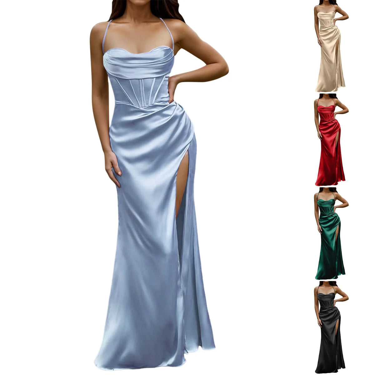 Spaghetti Strap Satin Corset Fishbone Push Up Bodycon Party Long Dress - MERGE.DAY.1.FREESTYLE