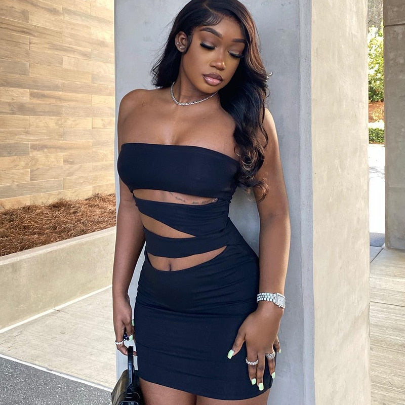 Off Shoulder Strapless Solid Hollow Out Mini Prom Dress Sexy Skinny - MERGE.DAY.1.FREESTYLE