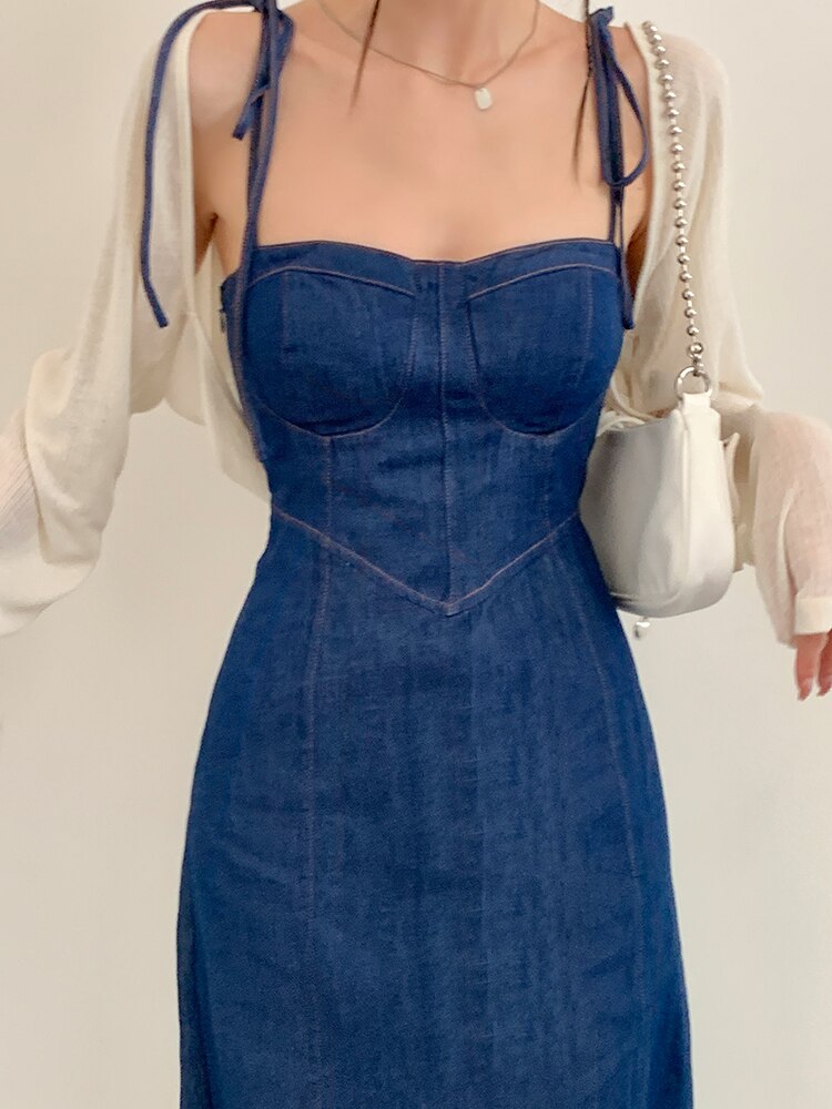 Summer Women Sexy Slip Denim Dress Strapless Lace-up High Waist Dress - MERGE.DAY.1.FREESTYLE