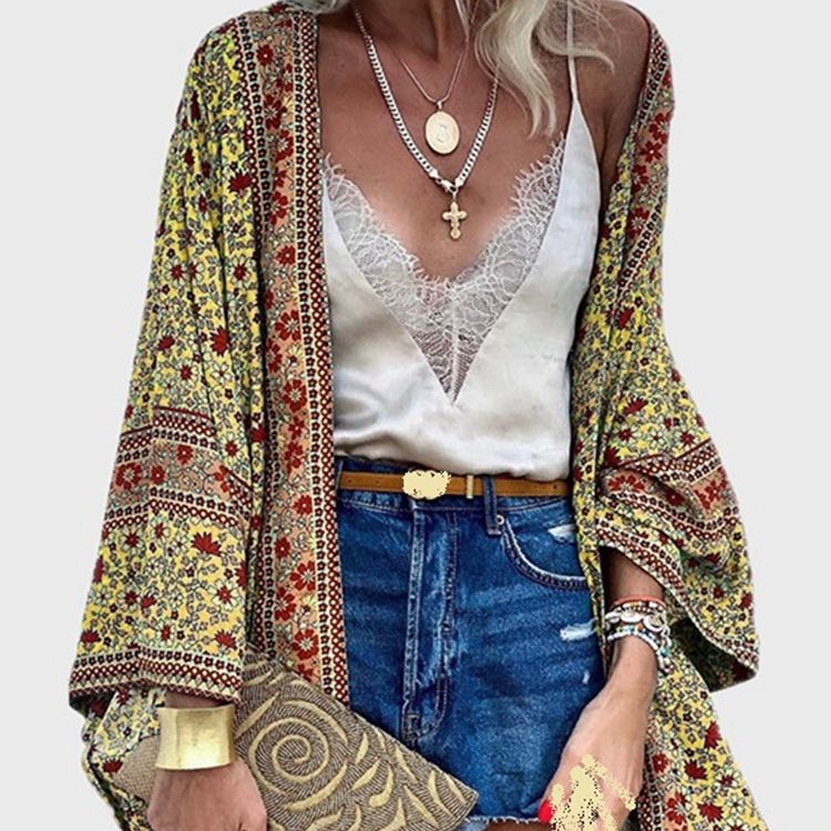 Cardigan Women Bohemian Floral Printed Blouse Open Front Loose Beach Tops Vintage Long Sleeve - MERGE.DAY.1.FREESTYLE