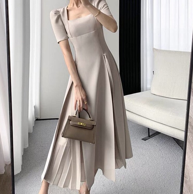Vintage Square Collar Mid-Length Dress Elegant Short Sleeve Slim Waist Mesh - MERGE.DAY.1.FREESTYLE
