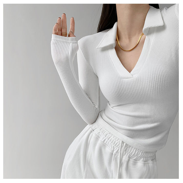 Sexy V-Neck Slim Fitness Women's T-Shirt Long Sleeve Polo Shirt Woman High Waist Cropped Tops - MERGE.DAY.1.FREESTYLE