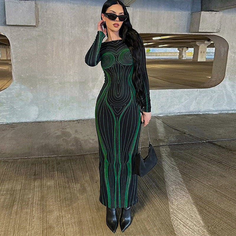 Striped Print Long Sleeve See Through Sexy Bodycon Maxi Dress - MERGE.DAY.1.FREESTYLE