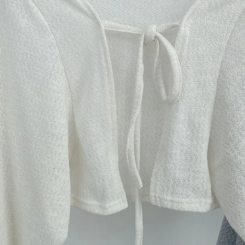 Retro Short Knitted Smock Tie Lantern Sleeve Short - MERGE.DAY.1.FREESTYLE