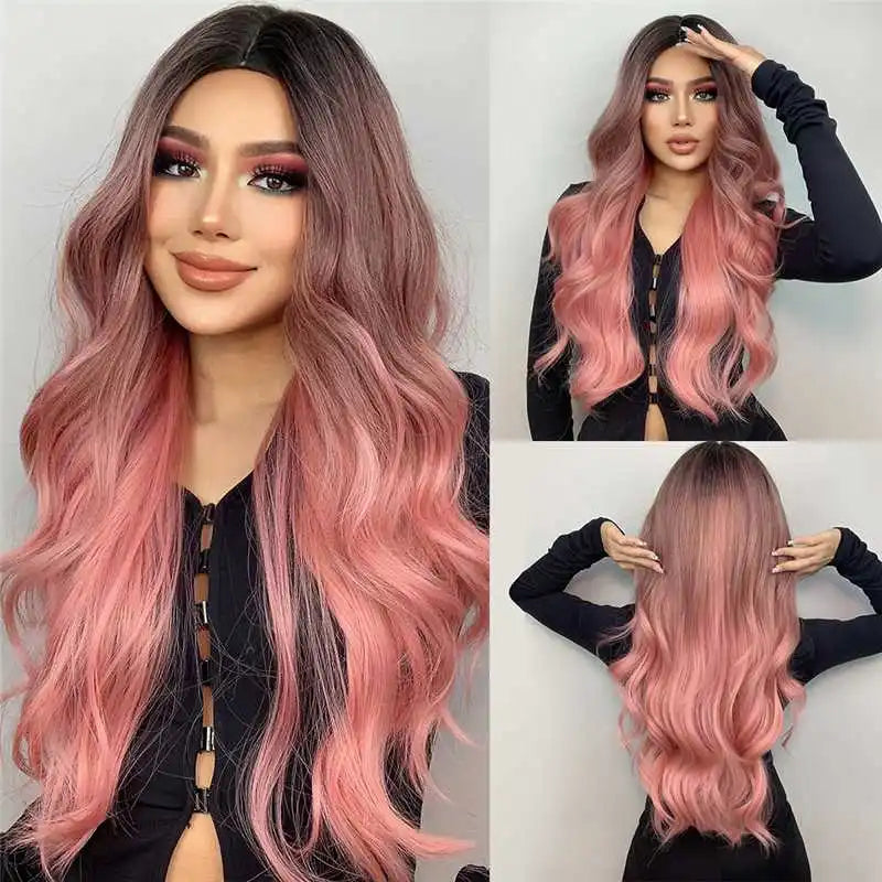 Platinum Blonde with White Highlight Dark Roots Synthetic Hair Wigs for Women Long Wavy Cosplay Daily Party Use Heat Resistant - MERGE.DAY.1.FREESTYLE