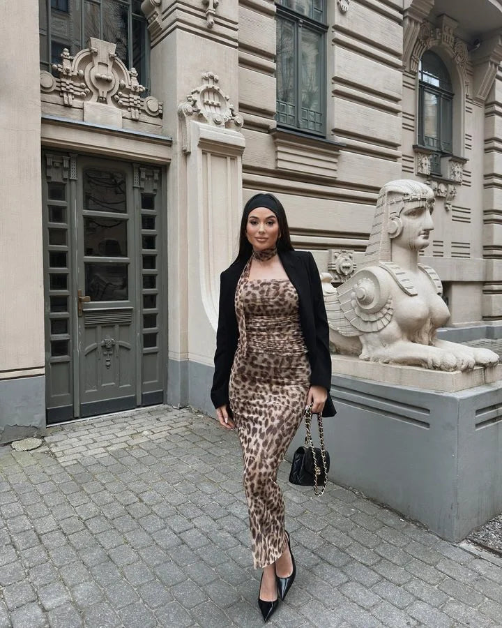 Leopard Print Wrapped Suit Backless Sleeveless Tops Skirts - MERGE.DAY.1.FREESTYLE