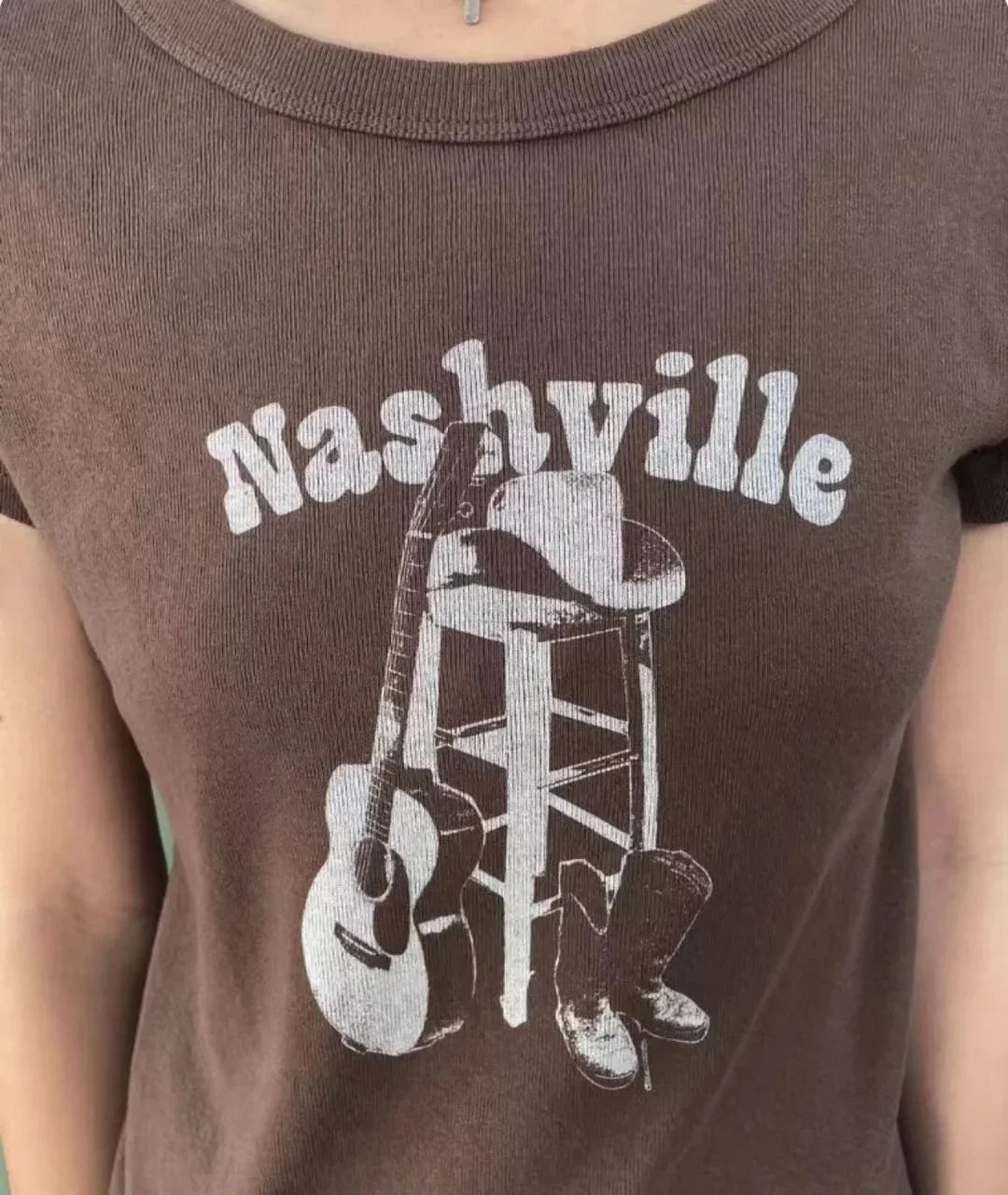 Vintage Brown Guitar Print Slim Tee Tops Women - MERGE.DAY.1.FREESTYLE