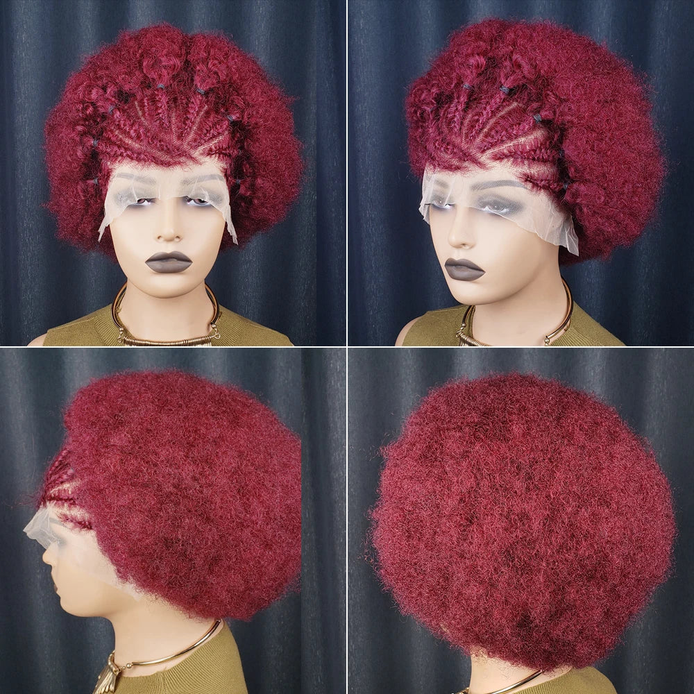13x4 Short Afro Kinky Curly Bob Lace Front Braided Wigs for Black Women Curly Afro Puff Lace Frontal Wig Human Hair Brazilian - MERGE.DAY.1.FREESTYLE