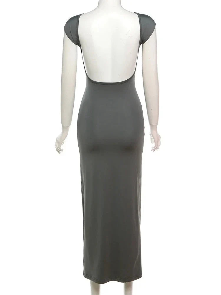 Elegant Short Sleeve Bodycon Maxi Dress O-neck Backless Lady Dresses - MERGE.DAY.1.FREESTYLE