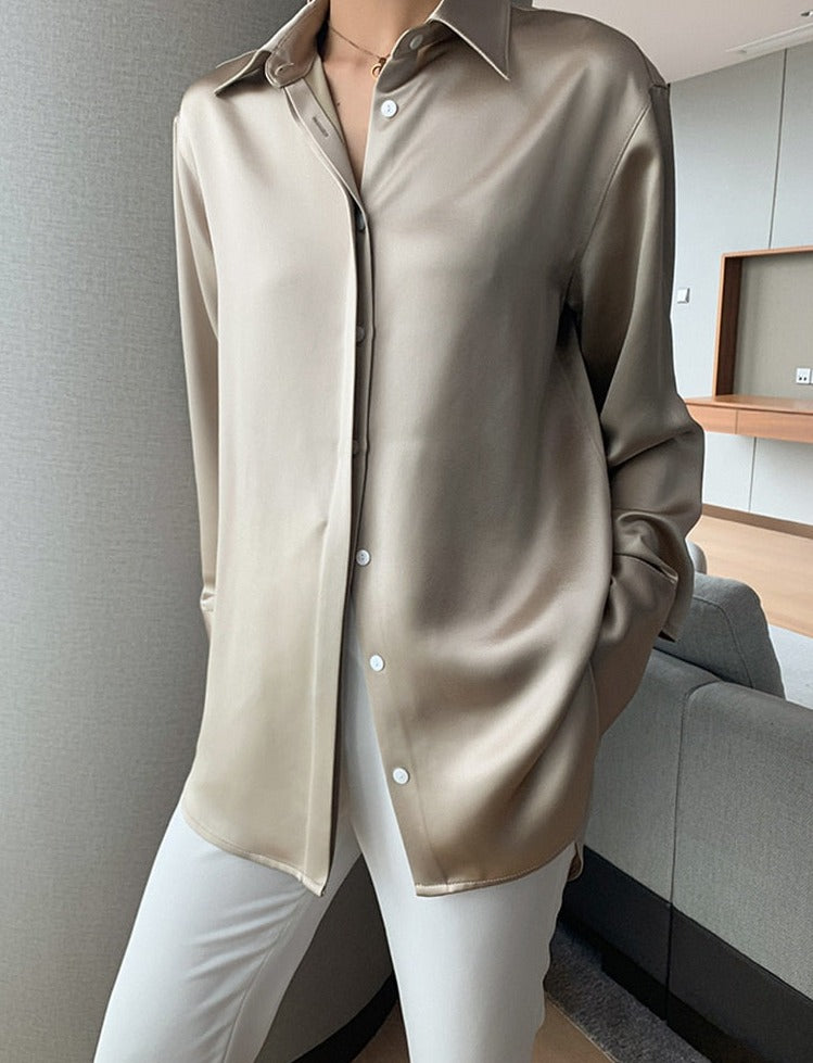Loose Single-breasted Female Satin Shirts Tops Spring Summer Blusas - MERGE.DAY.1.FREESTYLE