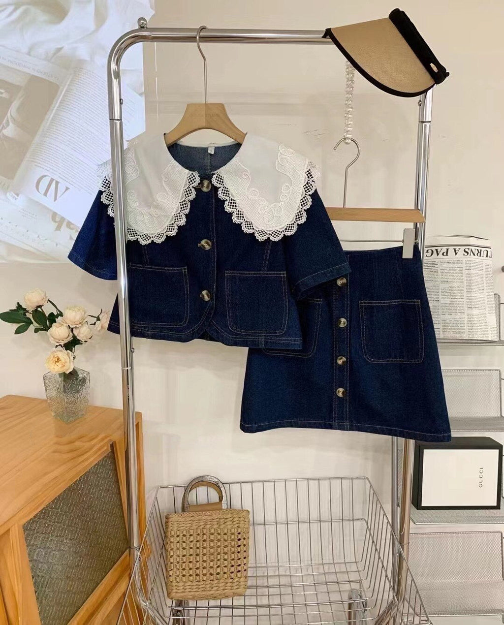 Summer Sweet Denim Suit Lace Peter Pan Collar Single Breasted Tops+high Waist A-line Skirts - MERGE.DAY.1.FREESTYLE