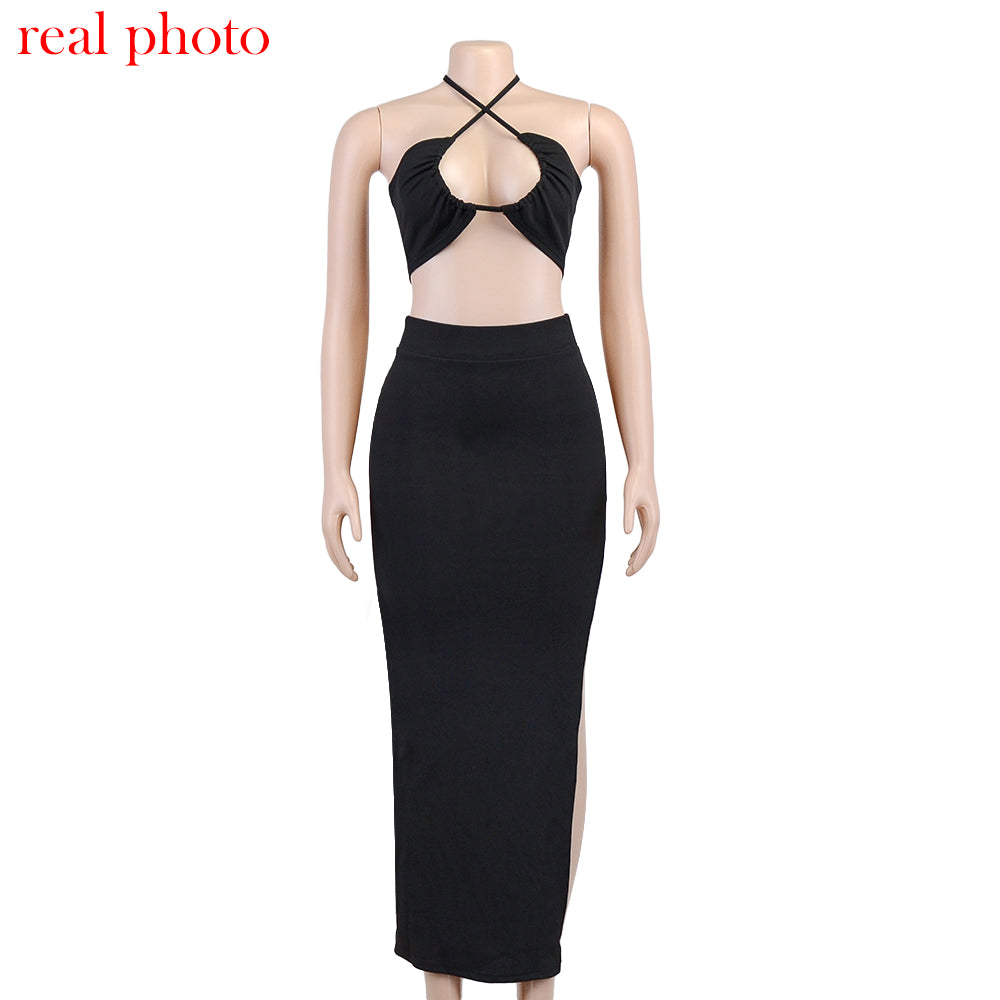 Cryptographic Bandage Cut Out Sexy Halter Neck Top and Skirts Set Gathered Elegant - MERGE.DAY.1.FREESTYLE