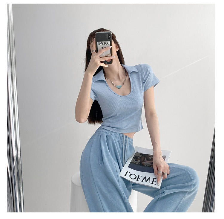 Y2K Tops Women U-shaped Lapel Short Sleeve Tees Summer High Waist Thread Crop Top - MERGE.DAY.1.FREESTYLE