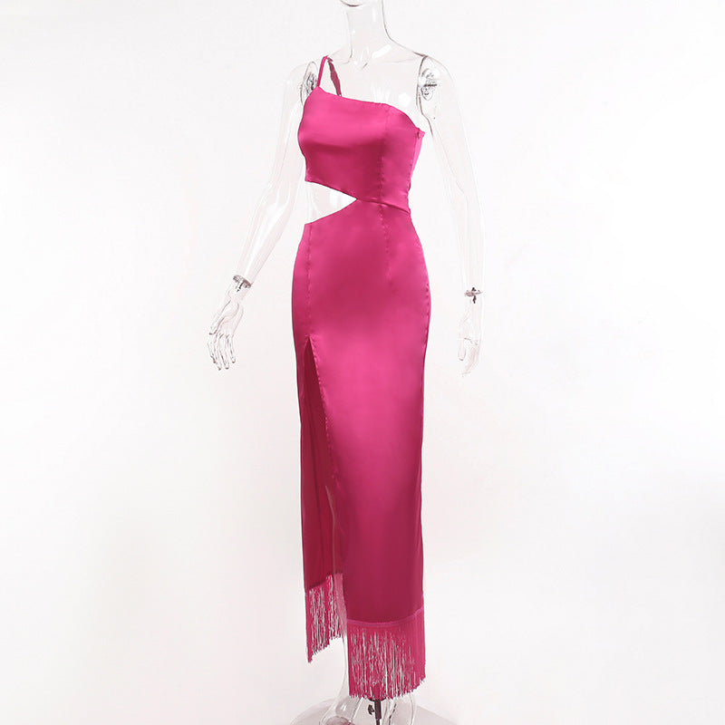 Elegant Women Diagonal Tassels Long Slip Party Dresses Sexy Off Shoulder Hollow Out Dress - MERGE.DAY.1.FREESTYLE
