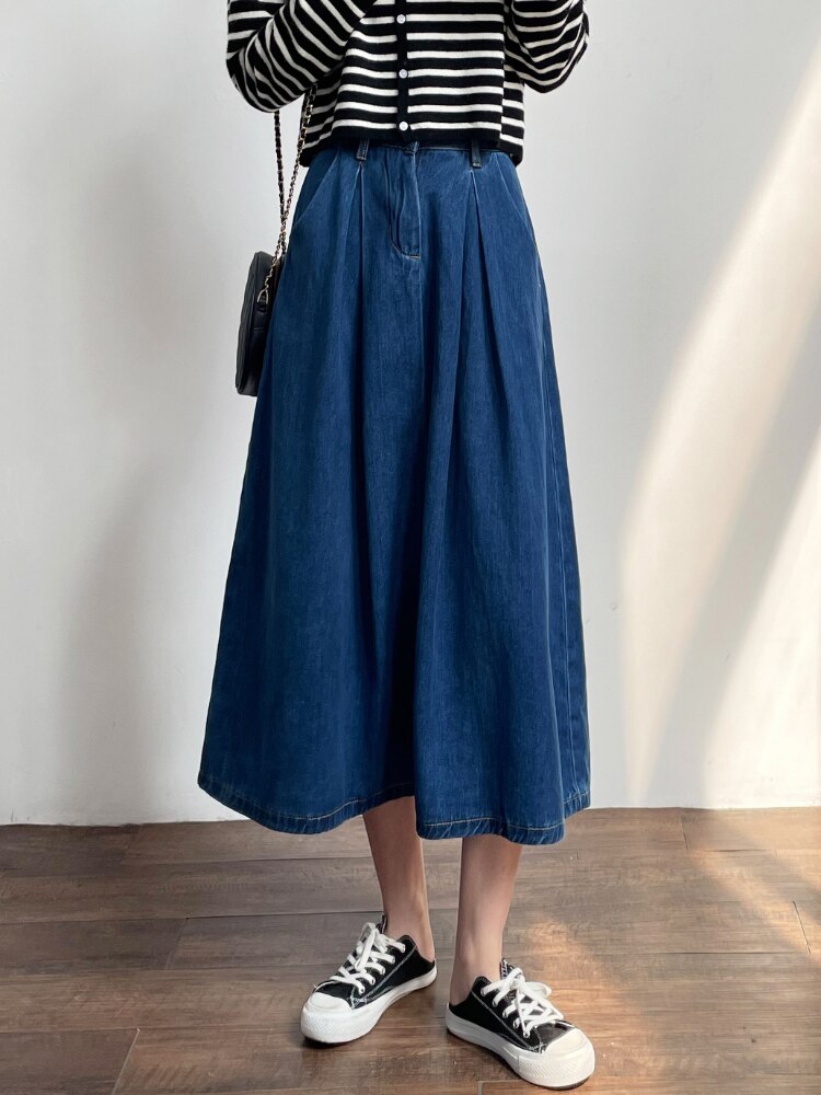 Denim Skirts Women Casual High Waist Lady Loose Vintage Dark Blue Skirts - MERGE.DAY.1.FREESTYLE