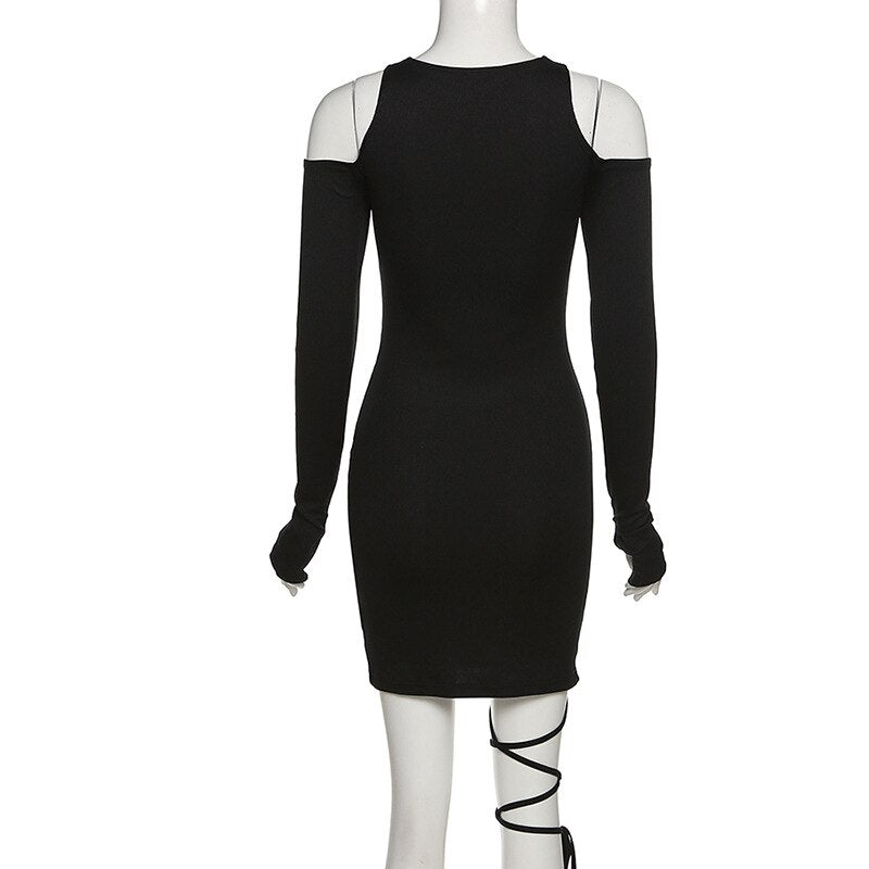 Hollow Out Long Sleeve Bandage Wrap Dress Women Off Shoulder Bodycon Mini Nightclub Dresses - MERGE.DAY.1.FREESTYLE