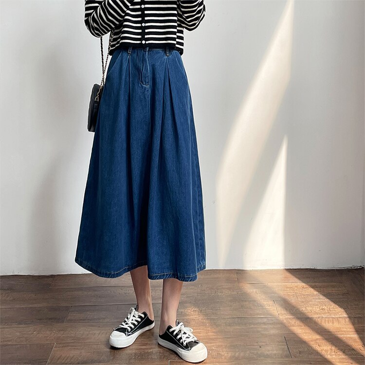 Denim Skirts Women Casual High Waist Lady Loose Vintage Dark Blue Skirts - MERGE.DAY.1.FREESTYLE
