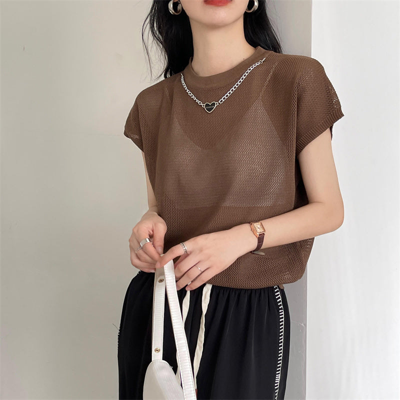 Hollow T-shirt Chain Women Summer New Solid Color Short Sleeve Knitted Tops Female 2022 - MERGE.DAY.1.FREESTYLE