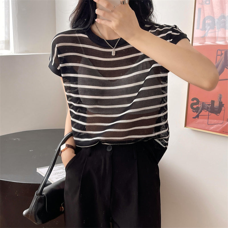 Hollow T-shirt Chain Women Summer New Solid Color Short Sleeve Knitted Tops Female 2022 - MERGE.DAY.1.FREESTYLE