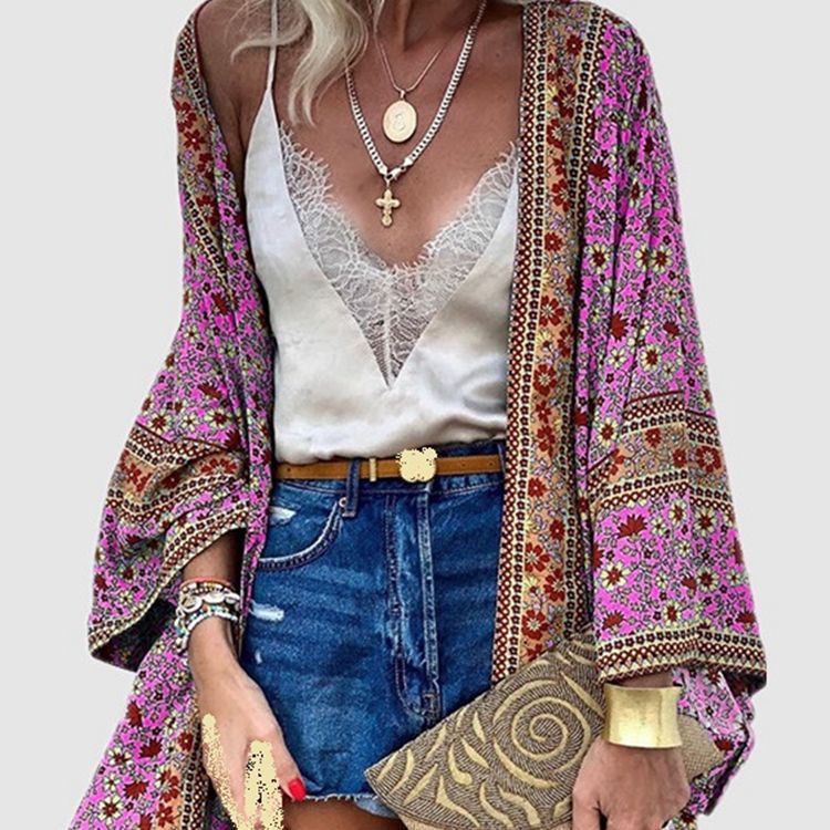 Cardigan Women Bohemian Floral Printed Blouse Open Front Loose Beach Tops Vintage Long Sleeve - MERGE.DAY.1.FREESTYLE
