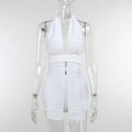 White Deep V-neck Halter Bandage 2 Pieces Sets Sleeveless Backless Suits Outfits with Shorts - MERGE.DAY.1.FREESTYLE