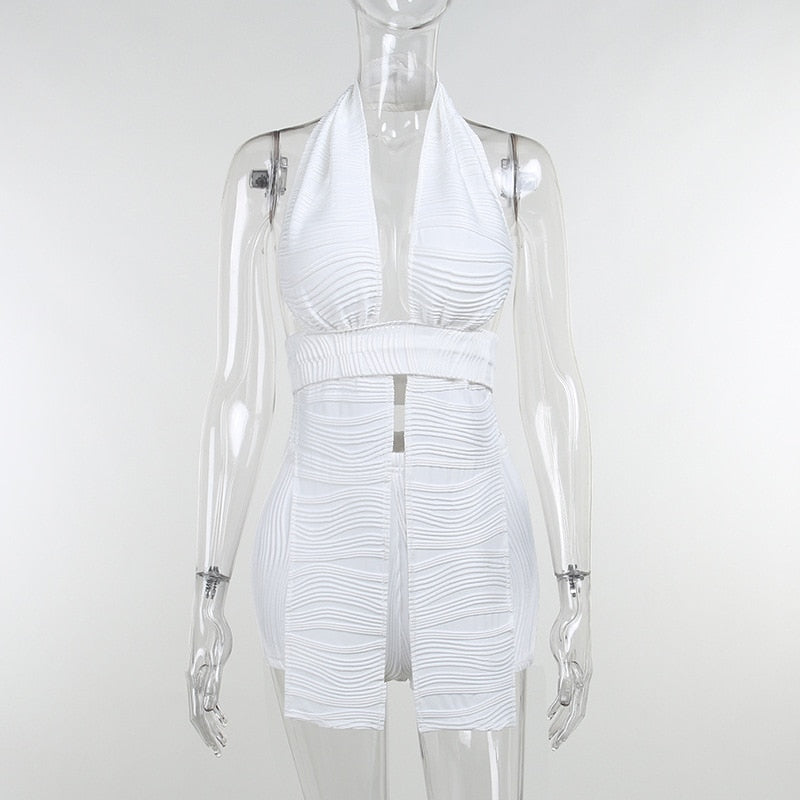 White Deep V-neck Halter Bandage 2 Pieces Sets Sleeveless Backless Suits Outfits with Shorts - MERGE.DAY.1.FREESTYLE