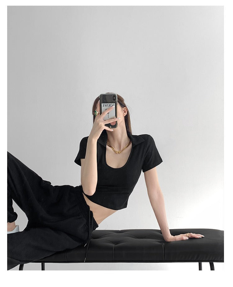 Y2K Tops Women U-shaped Lapel Short Sleeve Tees Summer High Waist Thread Crop Top - MERGE.DAY.1.FREESTYLE