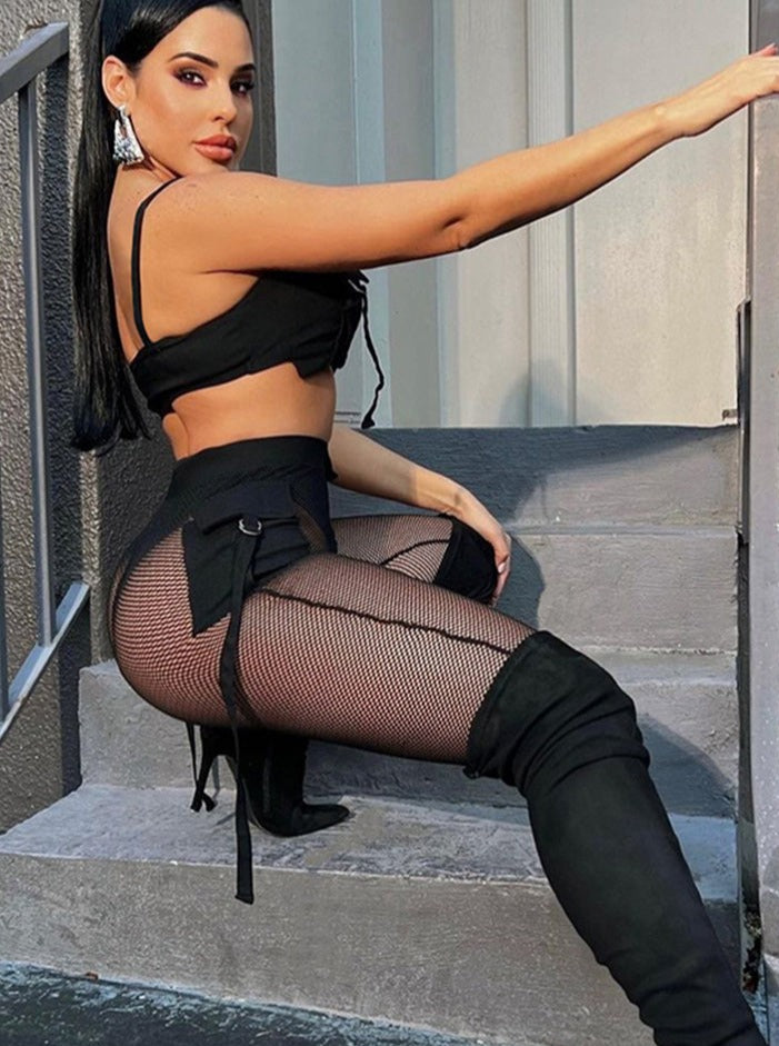 See Through Mesh Crop Top and Trousers Two Piece Set Casual Streetwear 2022 - MERGE.DAY.1.FREESTYLE
