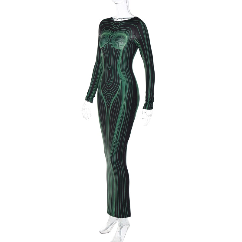 Striped Print Long Sleeve See Through Sexy Bodycon Maxi Dress - MERGE.DAY.1.FREESTYLE