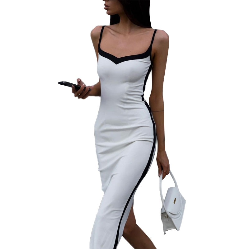 Color Bloack V Neck Sleeveless Slip Slit Sexy Bodycon Maxi Dress Y2K Outfit - MERGE.DAY.1.FREESTYLE