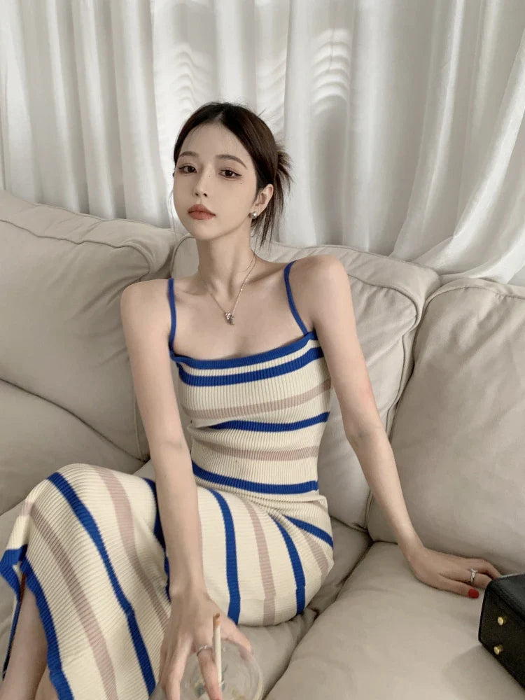 Sleeveless Slim fit Knitted Striped Mid Length Dresses - MERGE.DAY.1.FREESTYLE