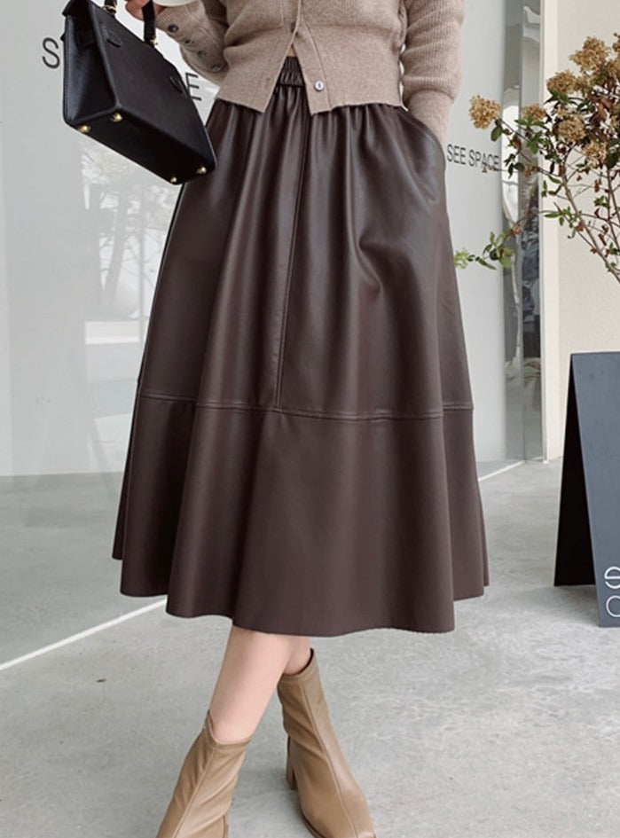 PU Skirts Elastic High Waist Pockets Faux Leather A-line Skirts - MERGE.DAY.1.FREESTYLE