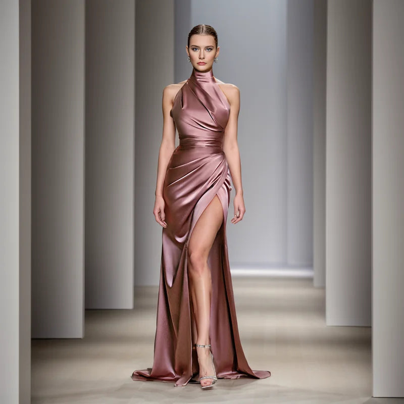 Satin Sleeveless Backless Halter Side Slit Sexy Elegant Maxi Dress - MERGE.DAY.1.FREESTYLE