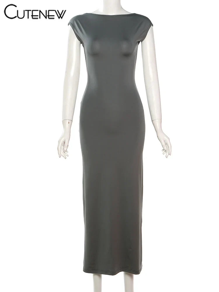 Elegant Short Sleeve Bodycon Maxi Dress O-neck Backless Lady Dresses - MERGE.DAY.1.FREESTYLE