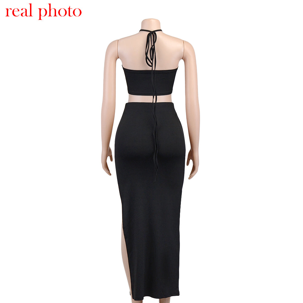 Cryptographic Bandage Cut Out Sexy Halter Neck Top and Skirts Set Gathered Elegant - MERGE.DAY.1.FREESTYLE