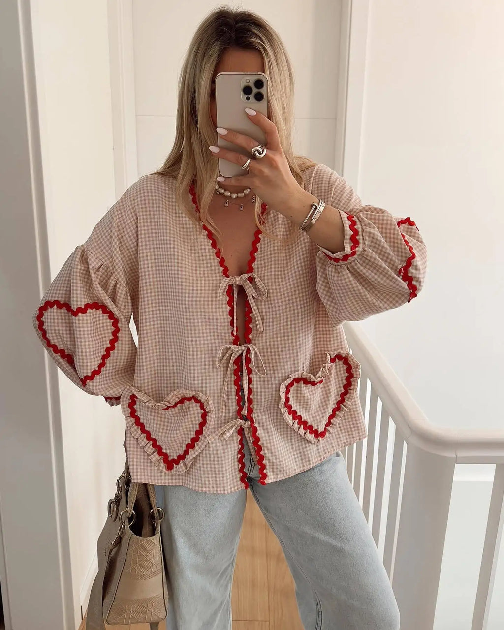 Heart Pockets Ladies V Neck Bow Buttons Blouses - MERGE.DAY.1.FREESTYLE
