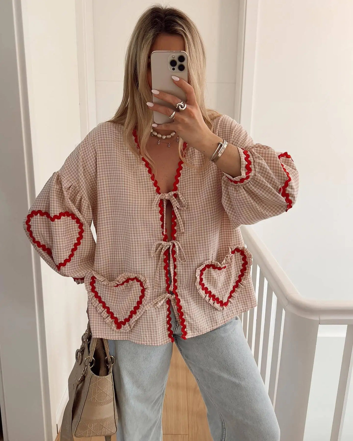 Heart Pockets Ladies V Neck Bow Buttons Blouses - MERGE.DAY.1.FREESTYLE