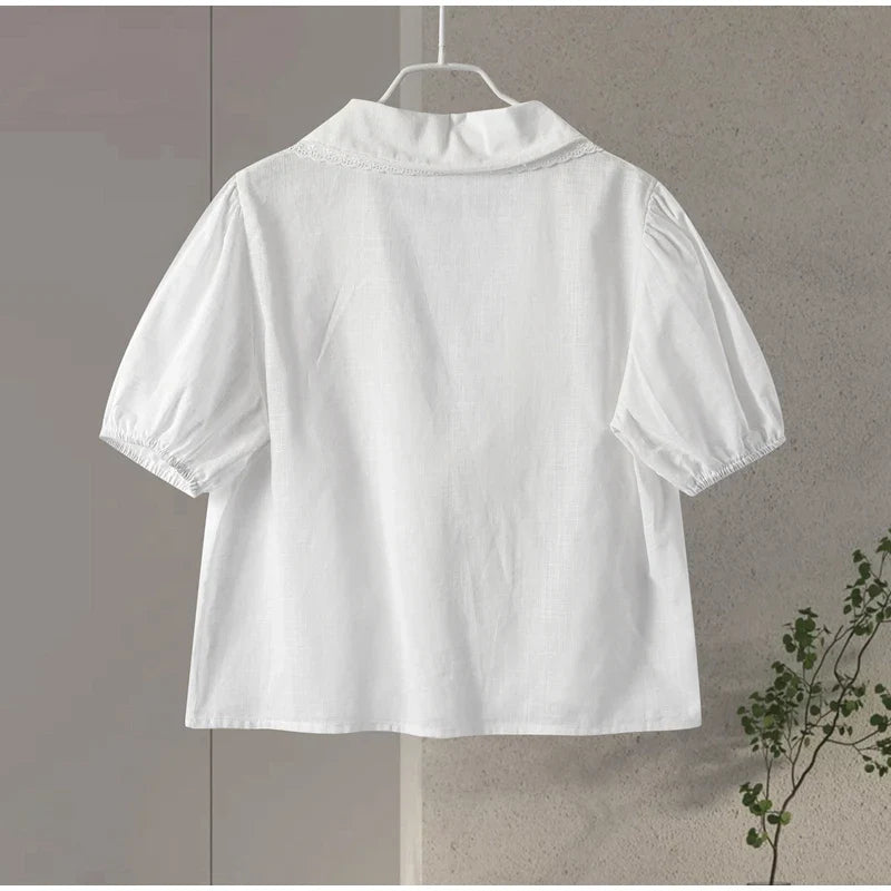 Lace Up Doll Collar Shirt Skirt Sets Short Puff Sleeve Top Suit Pleat Mini Skirts - MERGE.DAY.1.FREESTYLE