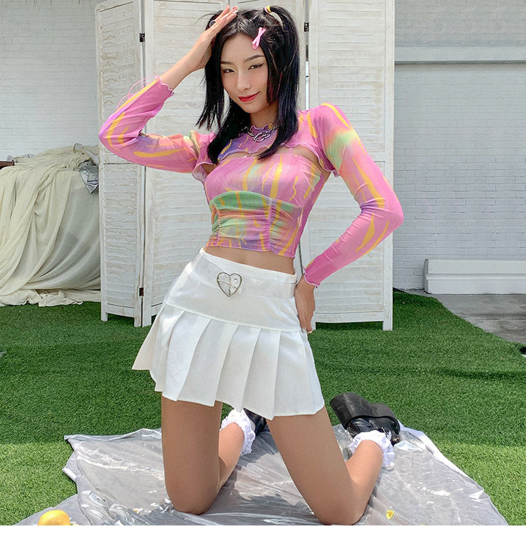 Hollow Bandage T-Shirt Women Sweet Suits Color Pattern Mesh Camisole + Long Sleeve Smock Female - MERGE.DAY.1.FREESTYLE
