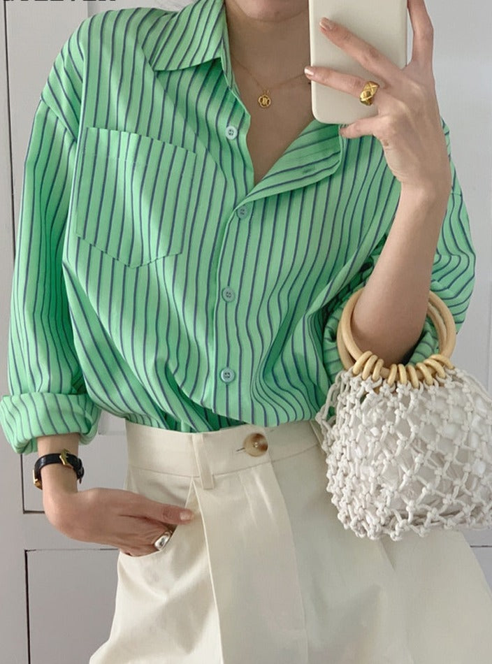 Spring Autumn Striped Blouses Long Sleeve Single-breasted Pocket Women Shirts Tops - MERGE.DAY.1.FREESTYLE