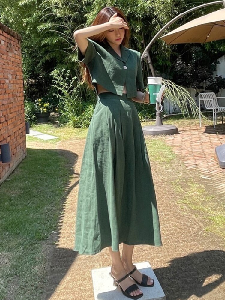Cotton Linen Skirt 2 Two Piece Sets Outfits Female Short Sleeve Blazer Suits with High Waist - MERGE.DAY.1.FREESTYLE