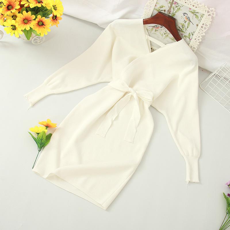Autumn Women Sexy Elegant Knitted Dress Backless V Neck Sash Tie Up High Waist Dresses - MERGE.DAY.1.FREESTYLE