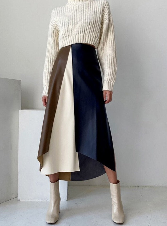 Patchwork Irregular PU Leather Skirts Women Elastic High Waist Female A-line Skirts - MERGE.DAY.1.FREESTYLE