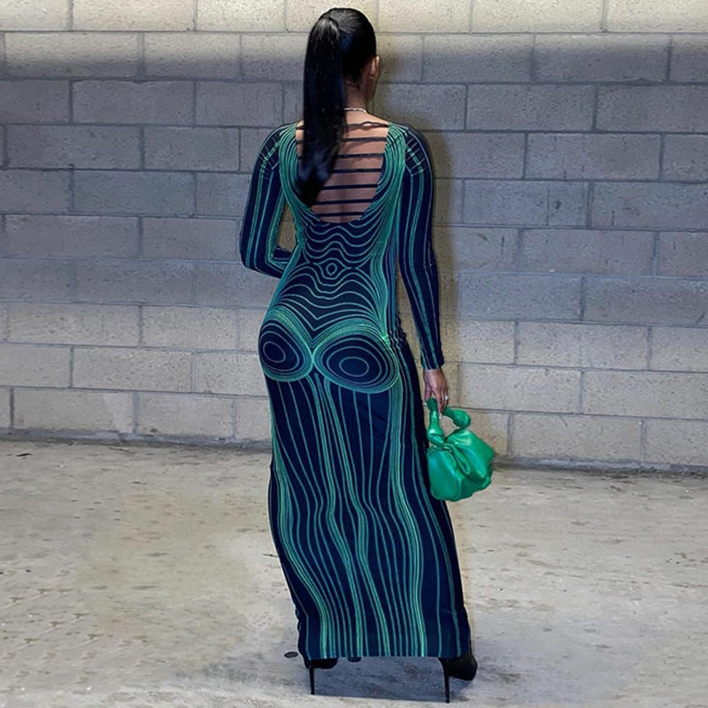 Striped Print Long Sleeve See Through Sexy Bodycon Maxi Dress - MERGE.DAY.1.FREESTYLE