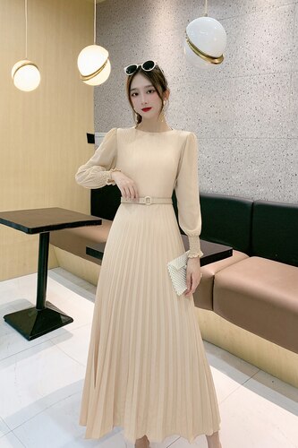 O-neck Long Sleeve A-line Dress Office Lady Pleated Maxi Dress - MERGE.DAY.1.FREESTYLE