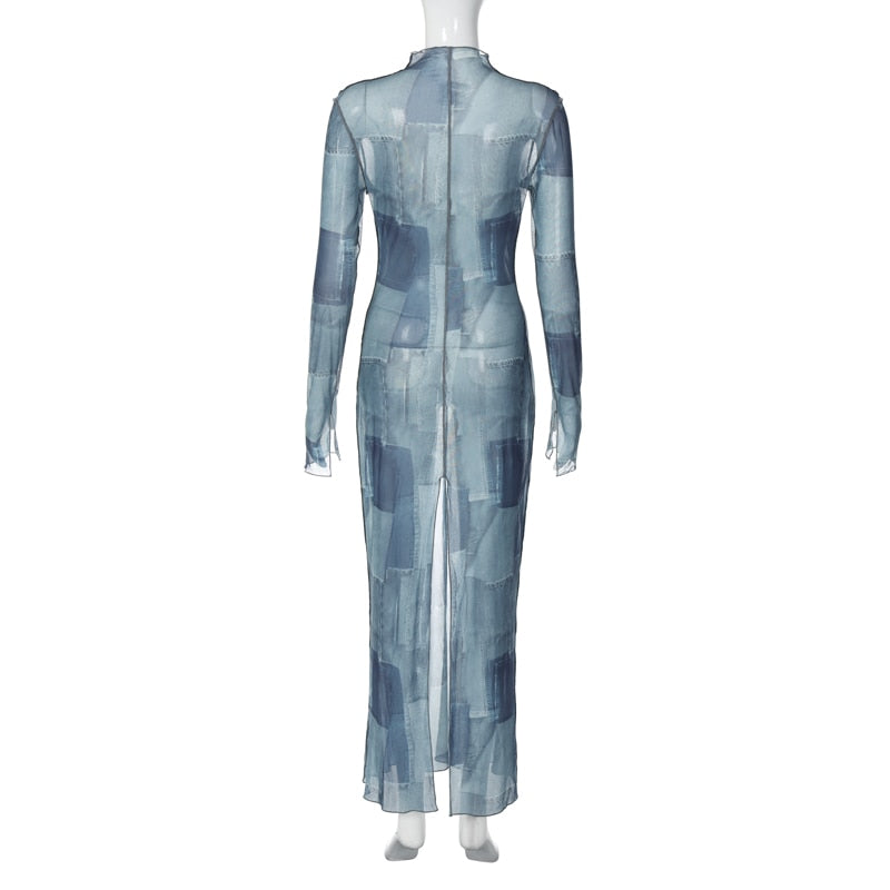 Mesh O Neck Long Flare Sleeve Print Slit Vintage Sexy Bodycon Maxi Dress - MERGE.DAY.1.FREESTYLE