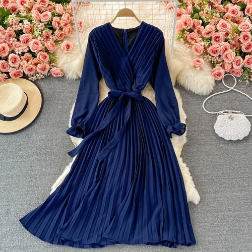 Slim Dress Elegant A Line V Neck Puff Sleeve Chiffon Pullover Mid-Calf Dresses - MERGE.DAY.1.FREESTYLE