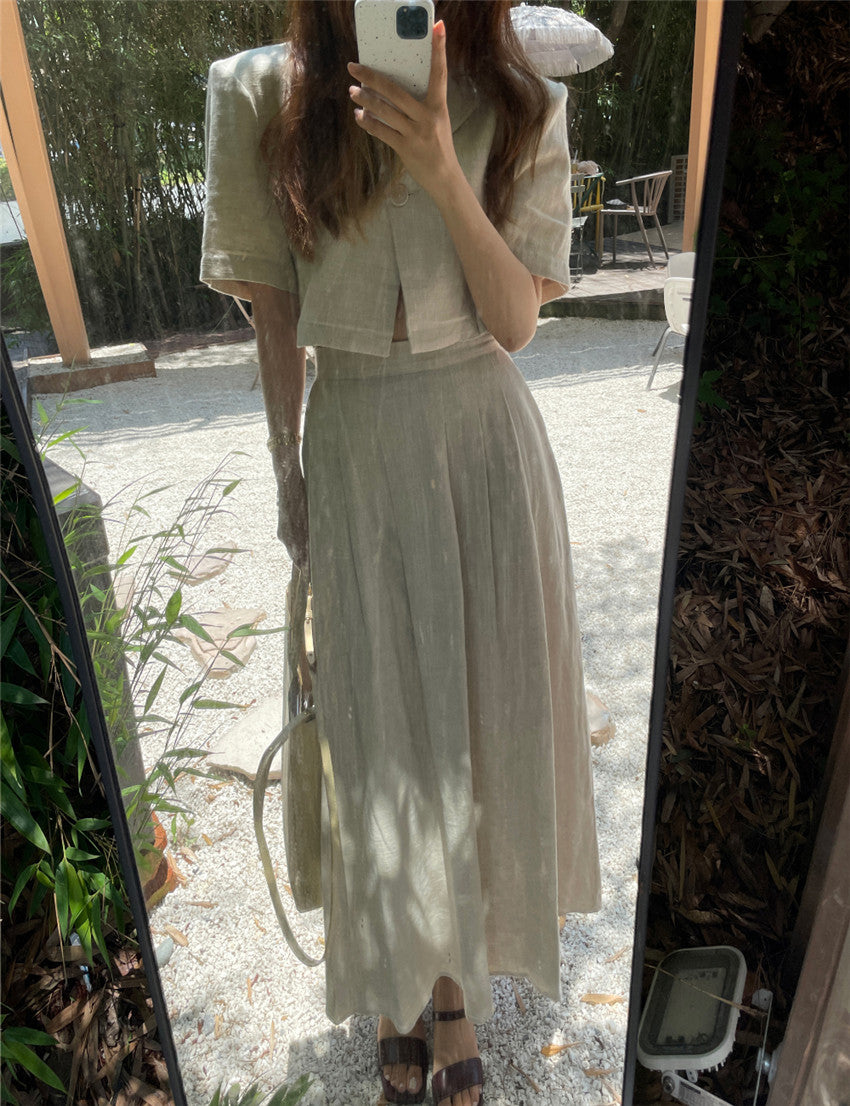Cotton Linen Skirt 2 Two Piece Sets Outfits Female Short Sleeve Blazer Suits with High Waist - MERGE.DAY.1.FREESTYLE