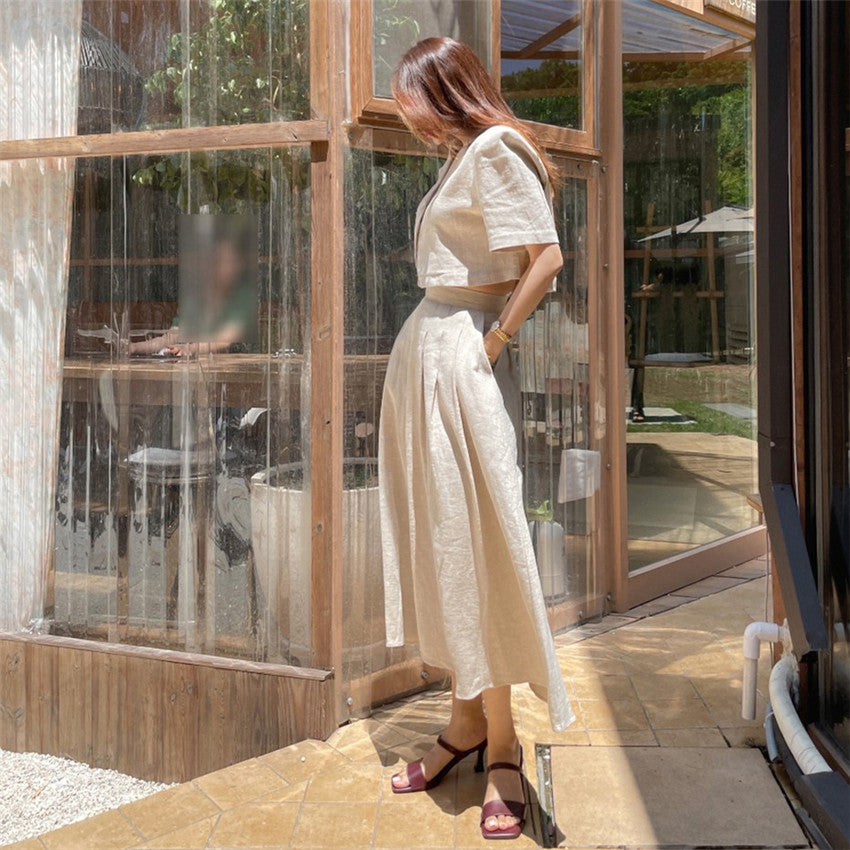 Cotton Linen Skirt 2 Two Piece Sets Outfits Female Short Sleeve Blazer Suits with High Waist - MERGE.DAY.1.FREESTYLE