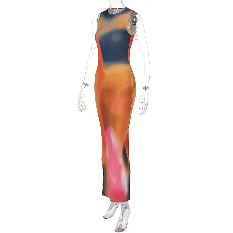 Tie Dye Print Ribbed Midi Dress Bodycon Side Slit Y2K - MERGE.DAY.1.FREESTYLE